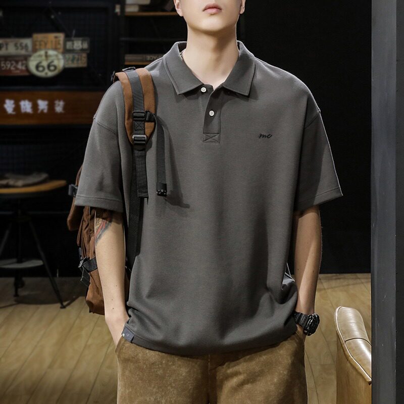 重磅短袖POLO衫男潮牌夏季美式复古宽松大码翻领半袖T恤休闲上衣
