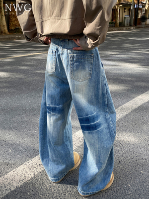 水洗蓝色牛仔裤男春秋季新款美式宽松直筒弯刀阔腿裤子男休闲长裤