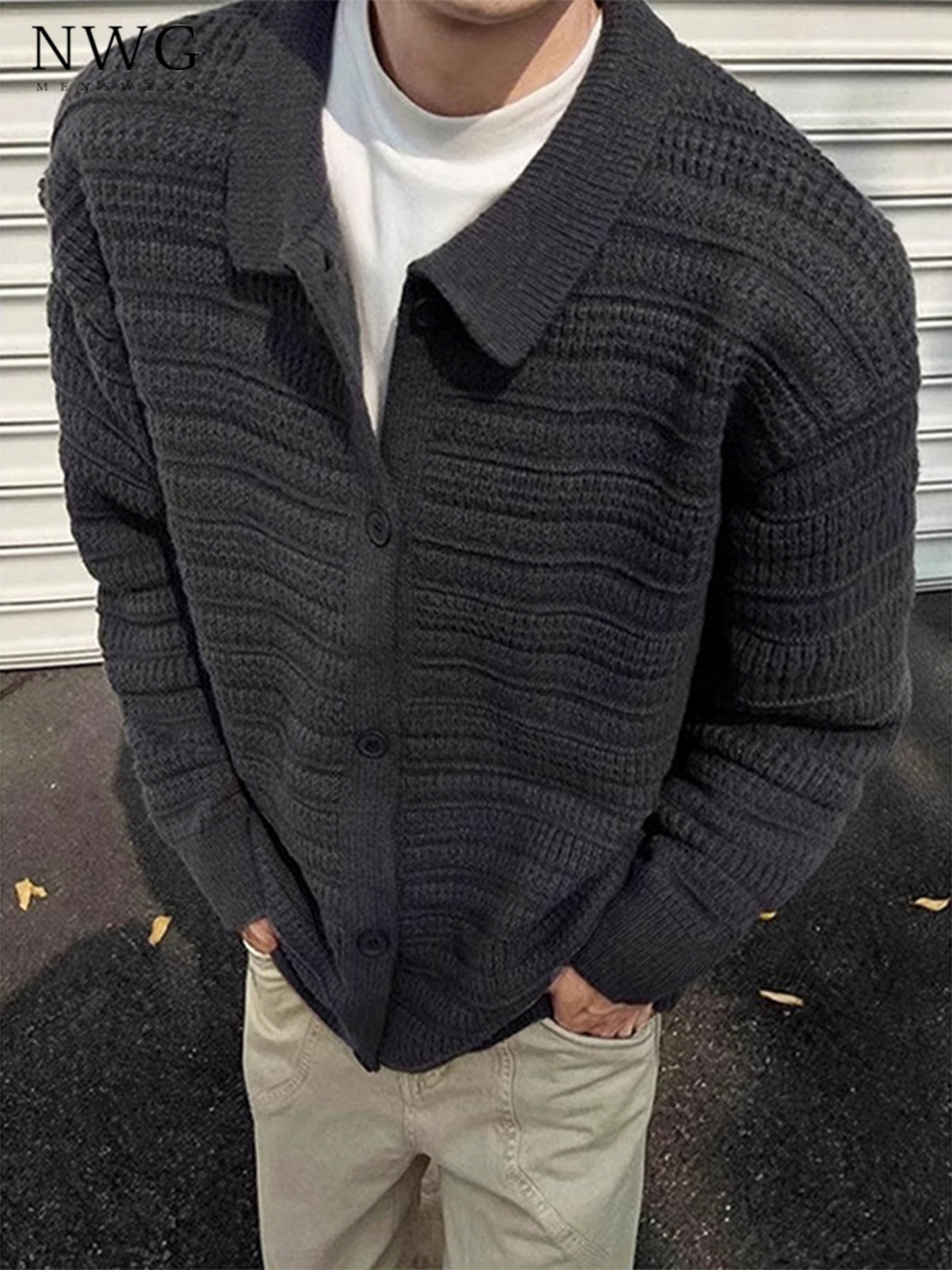 灰色针织开衫外套男秋冬季2025新款高级感百搭翻领毛衣男休闲上衣