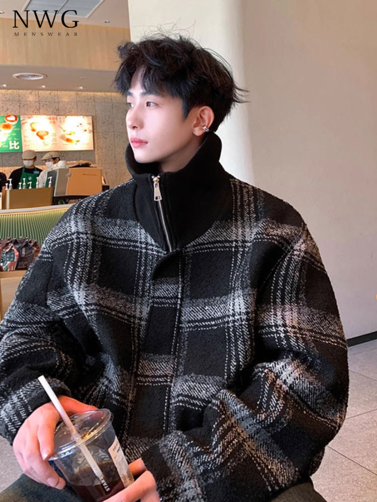 格纹羊毛外衣男士新潮品牌秋冬新款丝绒加厚韩式帅气宽松夹克休闲,男装,夹克,淘宝优惠券,粉丝福利购,淘宝优惠卷
