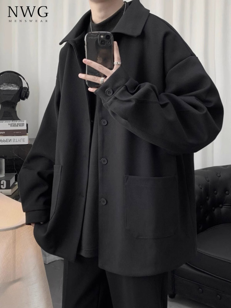 短款毛呢外套男春秋季新款高级感韩版宽松黑色风衣男休闲翻领夹克