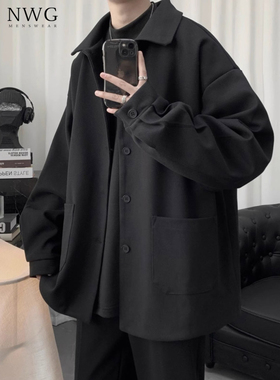 短款毛呢外套男春秋季新款高级感韩版宽松黑色风衣男休闲翻领夹克