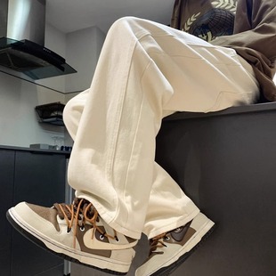 米白色牛仔裤男潮牌秋冬季垂感高级宽松大码直筒裤子百搭休闲长裤