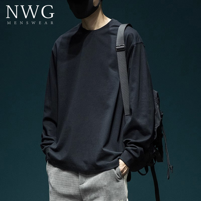 重磅纯色长袖T恤男潮牌秋冬季日系百搭宽松大码打底衫男休闲上衣