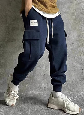 卫裤男潮牌秋冬款加绒加厚美式宽松束脚哈伦工装裤子潮流运动长裤