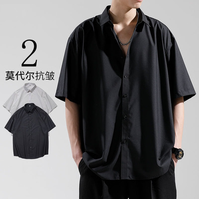 冰丝短袖衬衫男潮牌夏季薄款高级感痞帅宽松大码衬衣男士休闲上衣