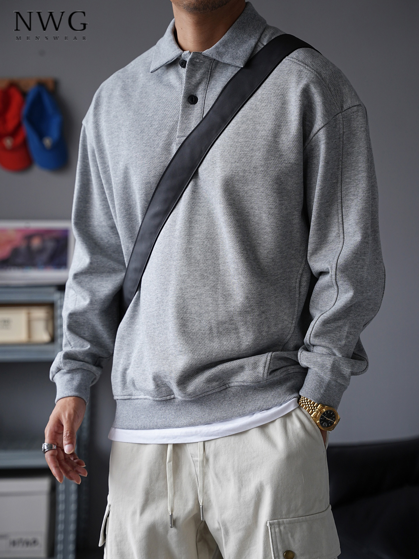 重磅肌理感长袖POLO衫男春秋季2025新款美式覆古翻领卫衣休闲上衣