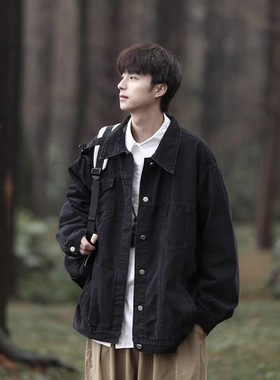 牛仔外套男潮牌春秋季新款美式高街复古宽松黑色工装夹克休闲上衣