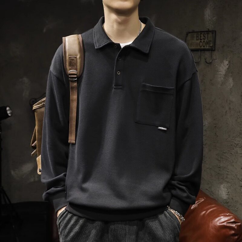 长袖polo衫男潮牌春秋季新款美式复古宽松大码翻领卫衣男休闲外套