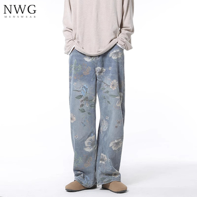 牛仔裤男潮牌春秋季新款美式高街小众宽松直筒印花阔腿休闲 长裤