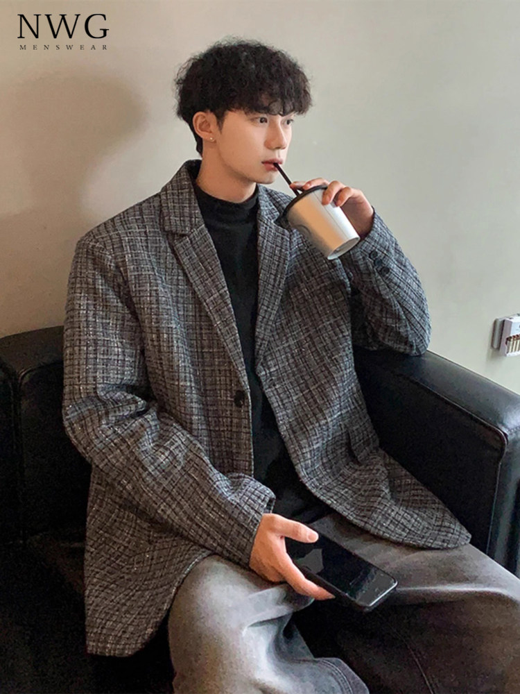 小香风西服男秋冬季2025新款高级感痞帅宽松大码外套男士休闲上衣