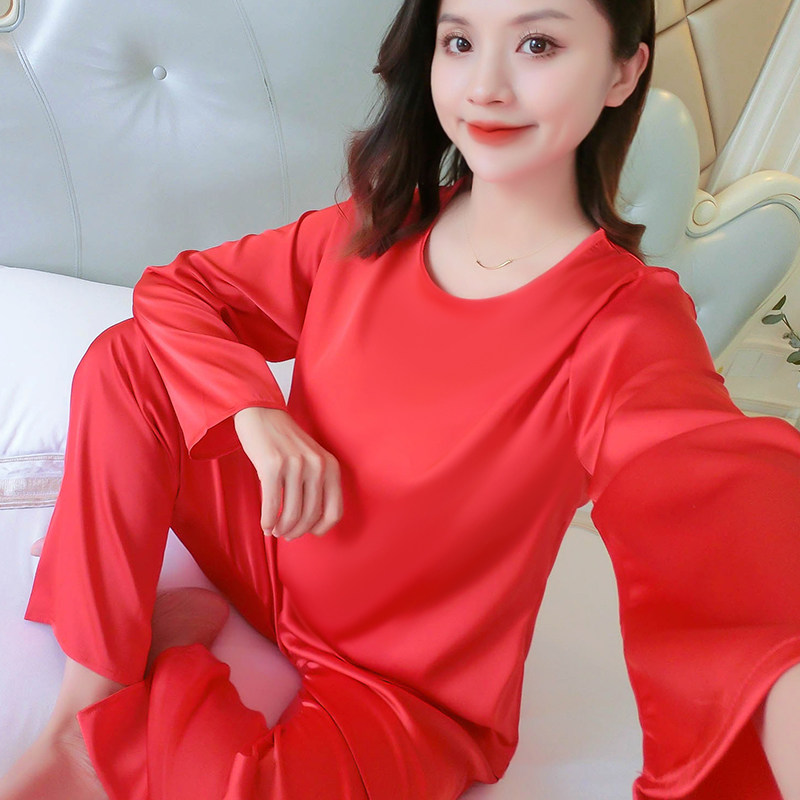 夏天冰丝睡衣女春秋季长袖长裤圆领套装大红加大码宽松胖妹家居服