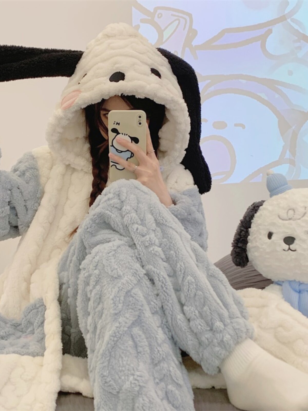 NIGHTGOWN WOMENS AUTUMN WINTER THICKENED CORAL VELVET CUTE HOODED BATHROBE WARM VELVET FLANNEL POCKET PAJAMA SET