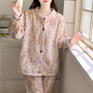 加厚保暖法兰绒睡衣女秋冬季珊瑚绒网红小碎花冬款无领家居服套装