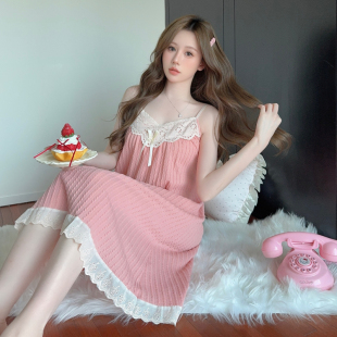 吊带睡裙女带胸垫蕾丝可爱甜美家居服 新款 加肥大码 200斤胖妹夏季