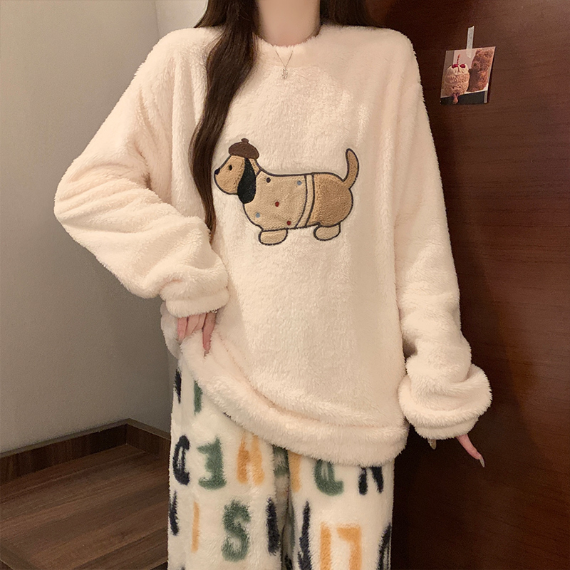 秋冬加厚珊瑚绒睡衣女套装