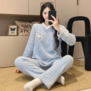 加绒加厚珊瑚绒睡衣女秋冬新款ins保暖冬季学生卡通V领长袖家居服