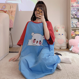 短袖纯棉睡裙女夏季薄款睡衣加肥特大码300斤宽松休闲外穿家居服