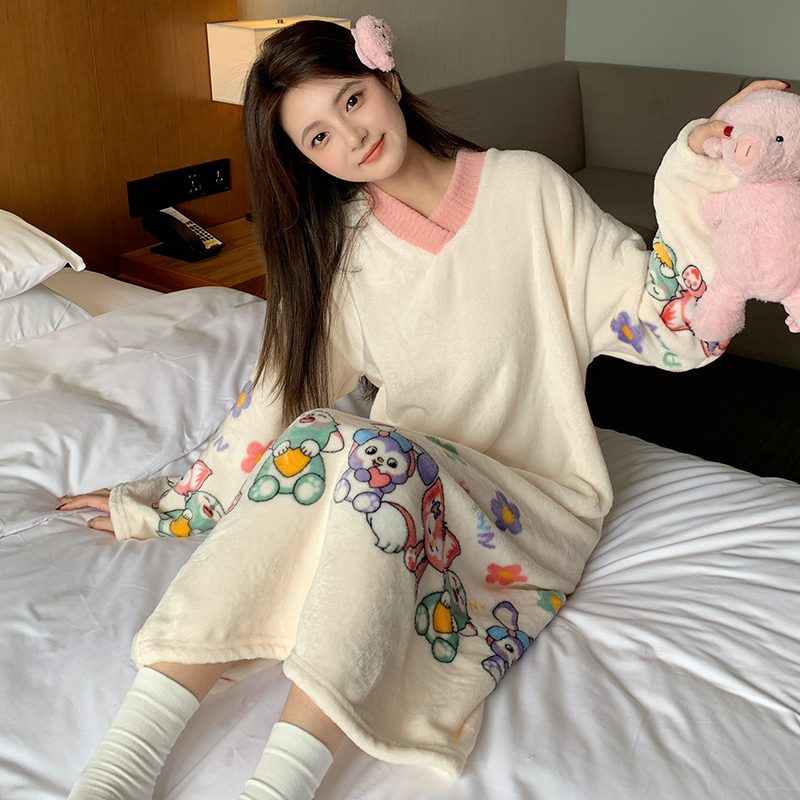 加肥大码珊瑚绒V领睡裙女秋冬季