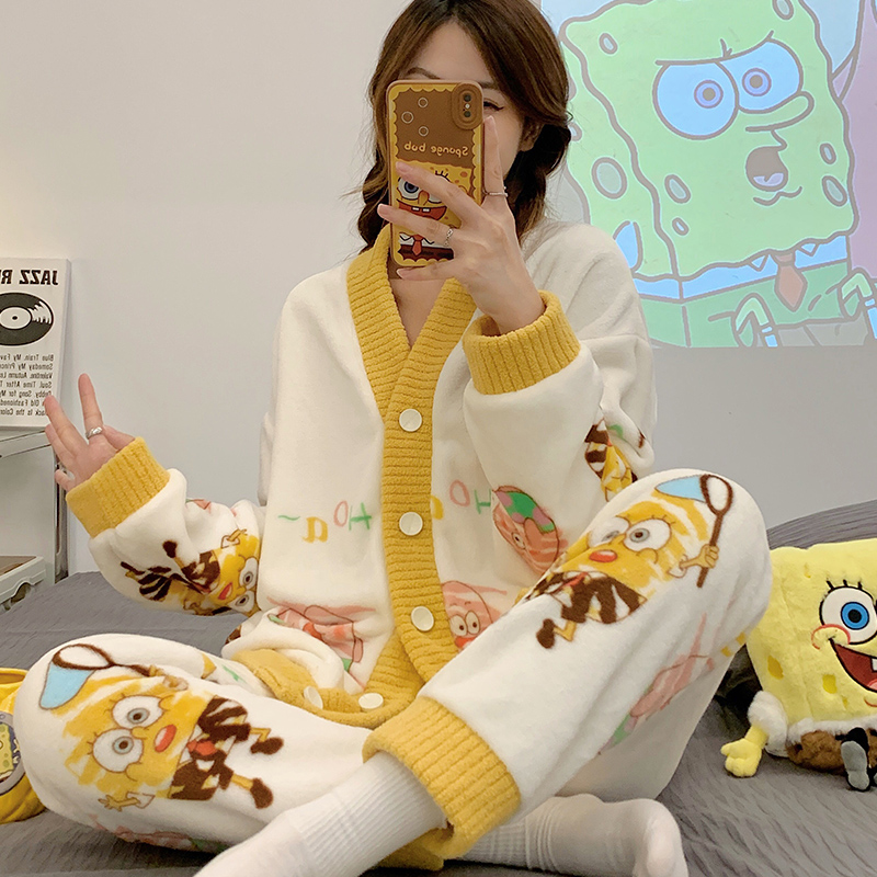 加绒法兰绒甜美可爱女开衫家居服