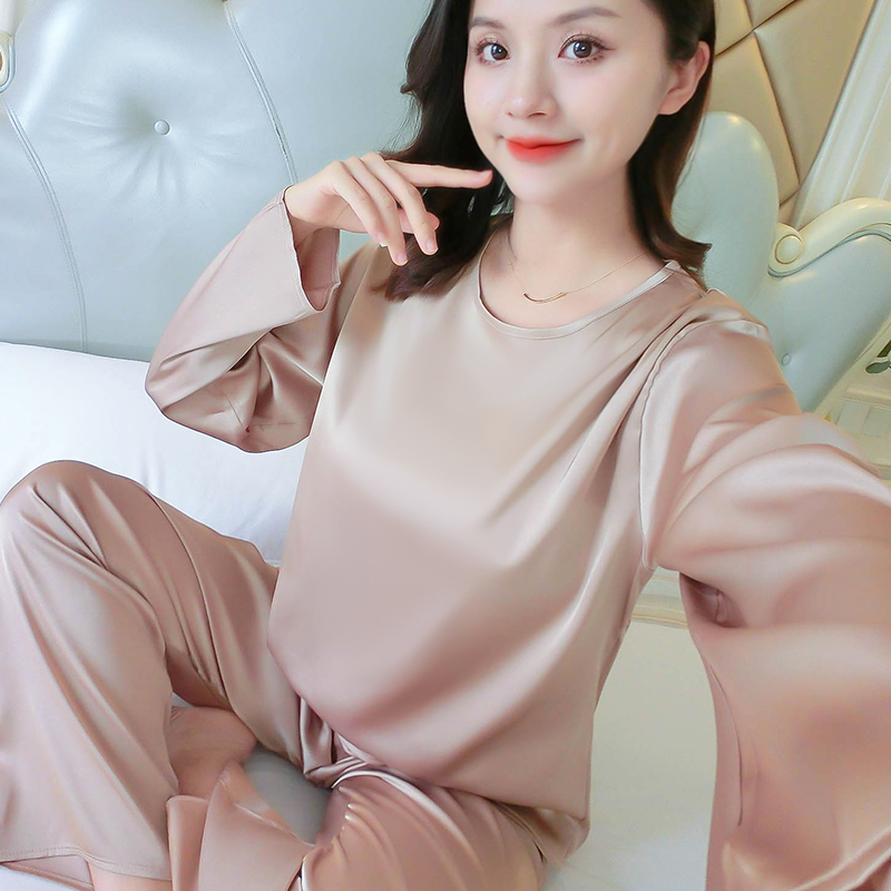 纯色夏天冰丝睡衣女春秋季长袖长裤圆领套装加大码宽松胖妹家居服