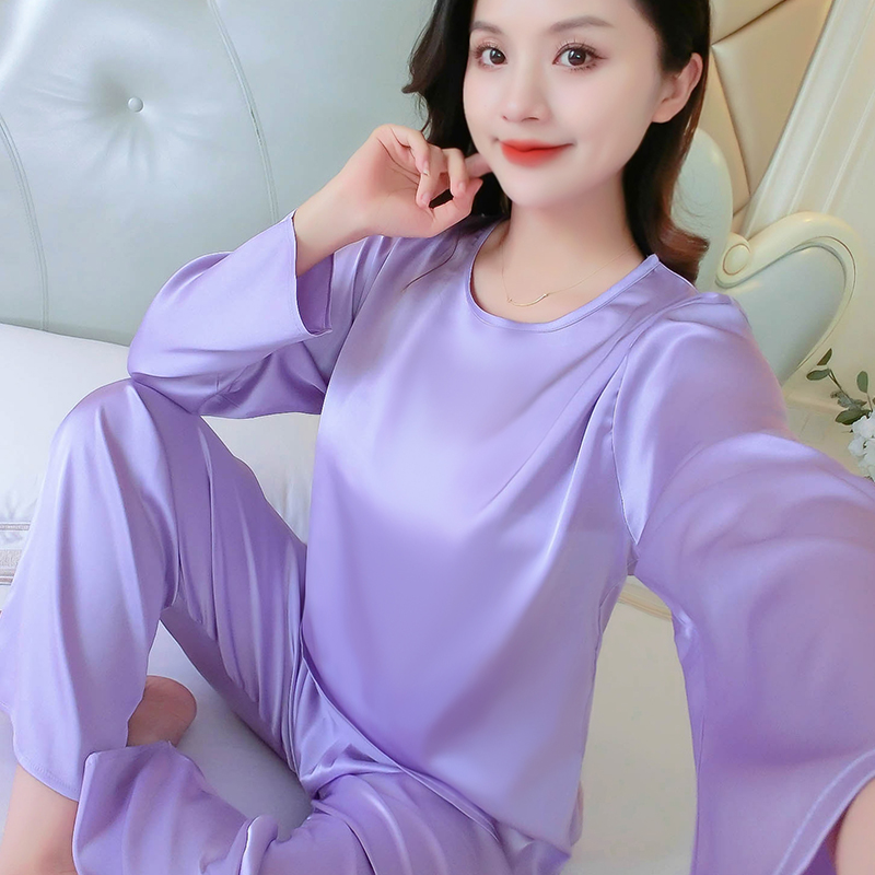 加大码冰丝睡衣女春秋季长袖长裤套装圆领宽松胖妹可爱夏天家居服