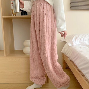 珊瑚绒家居裤女秋冬季长裤加厚法兰绒大码200斤胖妹束脚保暖睡裤