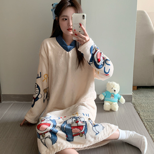 新款大码珊瑚绒V领睡裙女秋冬季加厚加绒卡通200斤胖m长袖家居服