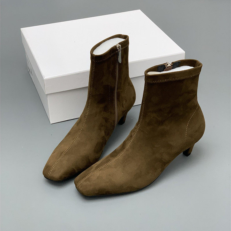 2025新款外贸复古短靴子女弹力瘦瘦靴中跟短筒绒面小方头春秋季,女鞋,弹力靴/袜靴,淘宝优惠券,粉丝福利购,淘宝优惠卷