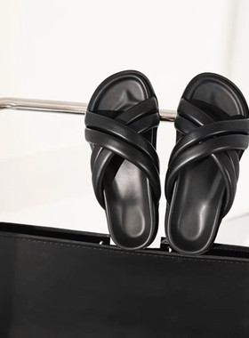 WESLIEN ROWE外贸原单一字凉拖鞋女软真羊皮厚底夏季外穿2024新款