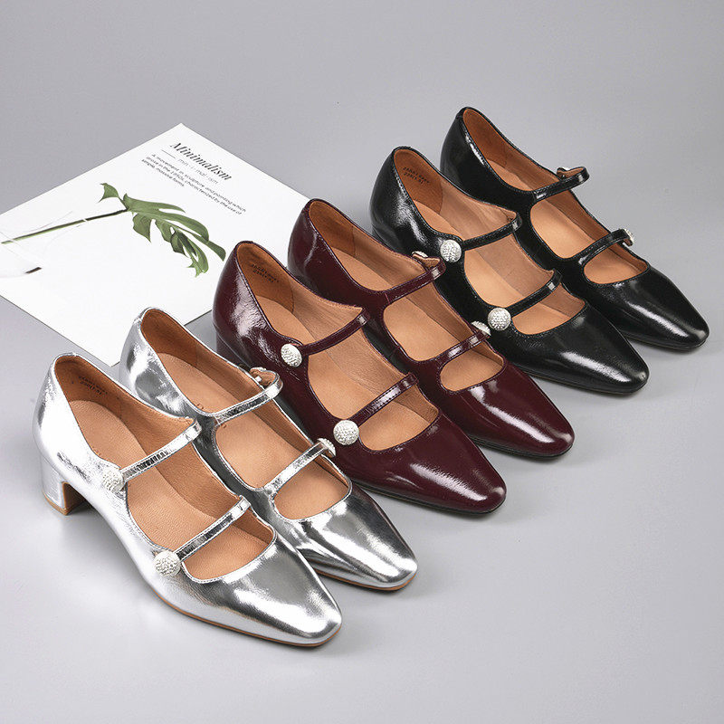 德芙琳玛丽珍鞋女高跟鞋浅口单鞋粗跟圆头软真鹿皮夏季2025新款