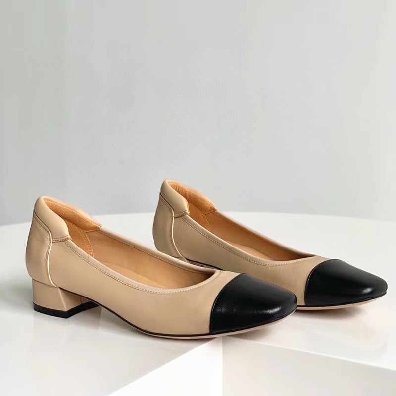 软羊皮舒适拼色小香风低跟单鞋