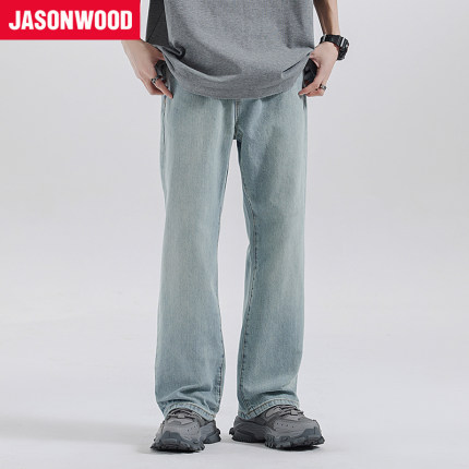 Jasonwood/坚持我的春季新款简约百搭水洗长裤宽松直筒牛仔裤男