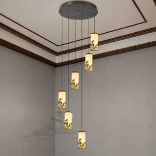 新中式 楼旋转楼梯吊灯 楼梯间吊灯全铜玉石别墅长吊灯高档大气复式