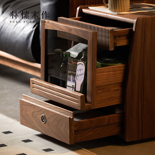 智能床头柜黑胡桃木家用卧室简约