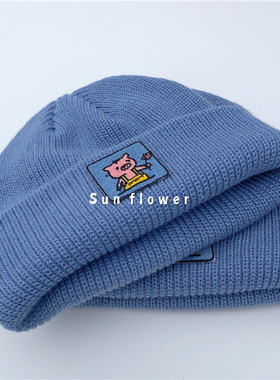 胖猪猪~牛仔蓝色图案学生毛线帽子女甜美可爱韩版ins针织帽瓜皮帽