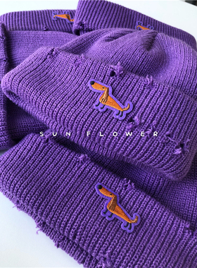 帽子女秋冬季百搭小狗图案紫色破洞针织帽学生情侣保暖瓜皮冷帽男