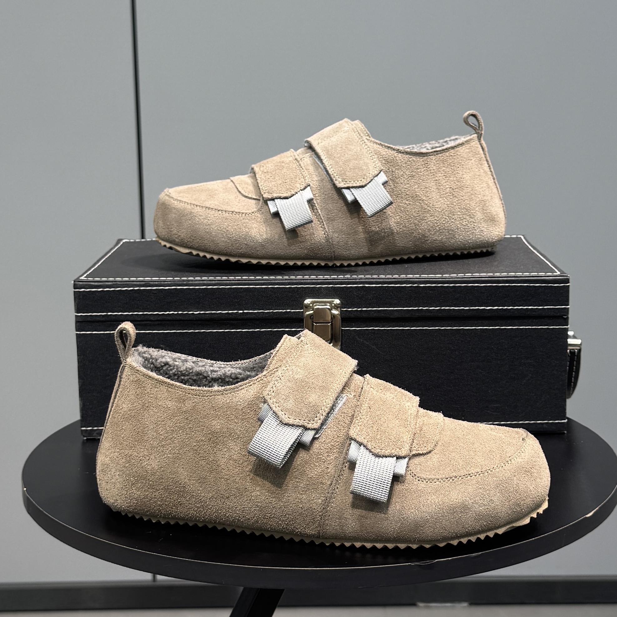 男士勃肯鞋2025新款冬季真皮软底魔术贴一脚蹬懒人鞋加绒保暖棉鞋