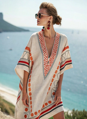 Printed beach skirt欧美风新款时尚宽松印花度假沙滩裙V领连衣裙