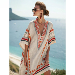 Printed skirt欧美风新款 时尚 宽松印花度假沙滩裙V领连衣裙 beach