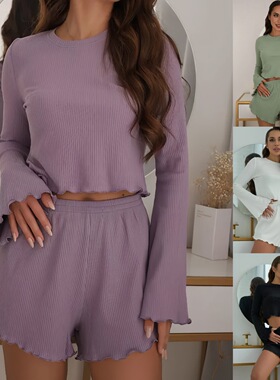 欧美长袖短裤睡衣家居服套装女 Homewear Pajamas Set Women