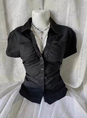 特大码胖mm日系黑色气质V领收腰衬衫女夏季百搭减龄复古开衫上衣