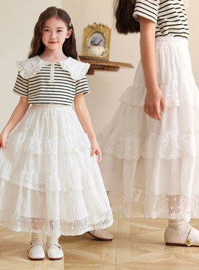 女童白色半身裙长款2026新款儿童蕾丝花边蛋糕裙子中大童女孩伞裙