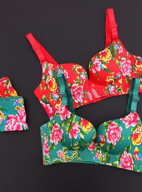 花棉袄马甲女冬季新款东北大花龙凤呈祥本命年文胸套装结婚大红色