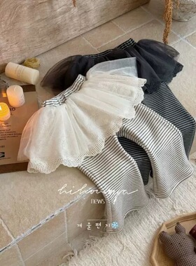 女童裤子2025秋冬新款儿童宝宝芭蕾风条纹屁帘裤加绒保暖打底裤潮