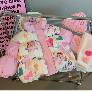 佑琦恩女童可爱卡通拼色立领棉服外套2025冬季 2401 ZZ新款