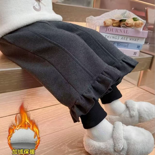 女童韩版 新款 假两件加绒花边休闲裤 2025冬季 朵儿074 阔腿裤 宠粉