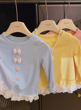 女童甜美立体蝴蝶结蕾丝花边打底洋气长袖T恤2025秋季新款NB005啵