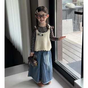 NN014蕉 新款 女童马甲吊带碎花打底上衣牛仔阔腿裤 三件套2025秋季