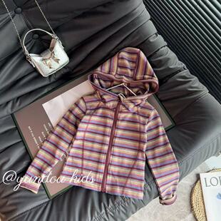 长袖 女童时尚 彩虹帽 A06蒽 上衣2026春款 206 连帽拼接条纹韩版